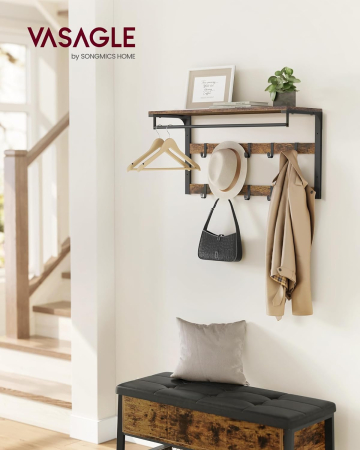Articole pentru casă - Cuier de perete cu raft de depozitare, 10 carlige, 30x80x42 cm, maro rustic