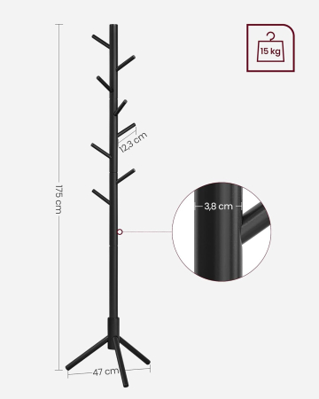 Cuier lemn masiv 47x47x175 cm, 8 carlige si inaltime reglabila, baza triunghiulara, negru [3]