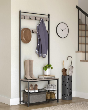 Cuier multifunctional 70x32x175 cm, cu 9 carlige, banca si 2 rafturi pantofi, PAL si otel, gri si negru [1]