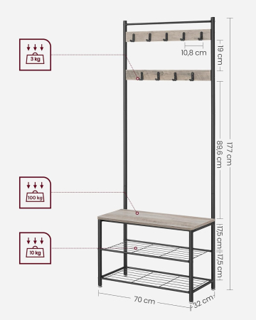 Cuier multifunctional 70x32x175 cm, cu 9 carlige, banca si 2 rafturi pantofi, PAL si otel, gri si negru [2]