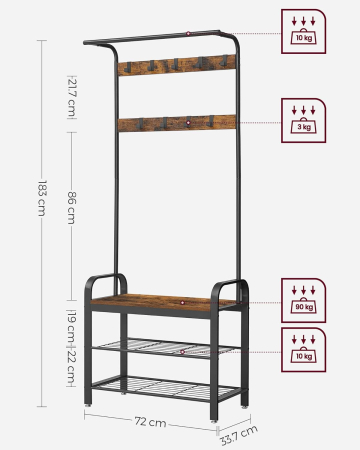 Cuier pentru haine, cu banc depozitare pantofi, 9 carlige detasabile, sina pentru haine, 34x77x183cm, industrial, maro rustic si negru [9]