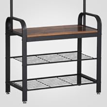 Cuier pentru haine, cu banc depozitare pantofi, 9 carlige detasabile, sina pentru haine, 34x77x183cm, industrial, maro rustic si negru [2]