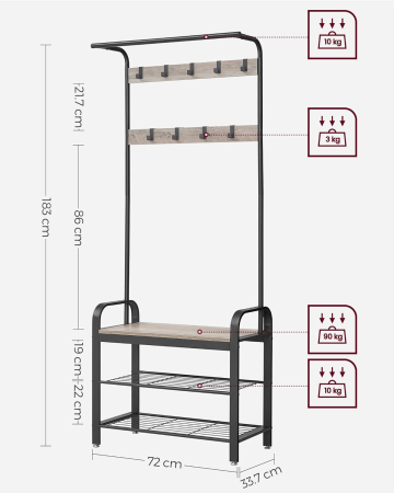Cuier pentru haine cu banca de depozitare pantofi, cu 9 carlige si sina pentru haine, 34x72x183 cm, gri si negru [5]