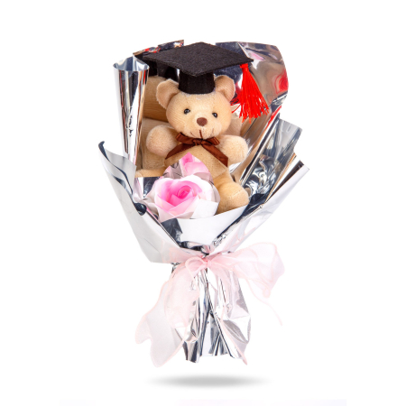 Decorațiuni, idei de cadouri - Decor cu floare artificială - trandafir cu ursuleț - 14 x 10,5 x 26 cm