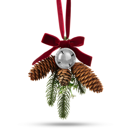 Decor pentru usi de Craciun - pin artificial, cu con, clopot argintiu - 16 x 15 cm [1]
