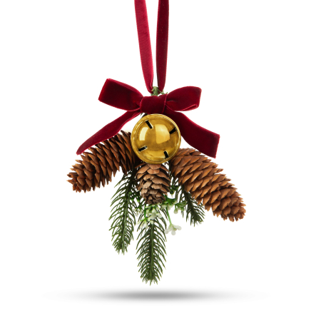 Decor pentru usi de Craciun - pin artificial, cu con, clopot auriu - 16 x 15 cm [1]