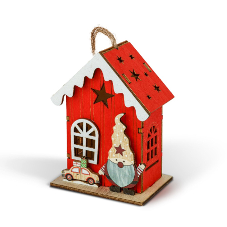 Decorațiune de Crăciun cu LED – căsuță cu spiriduș – lumină alb cald – roșu – 7,5 x 5 x 10 cm [1]