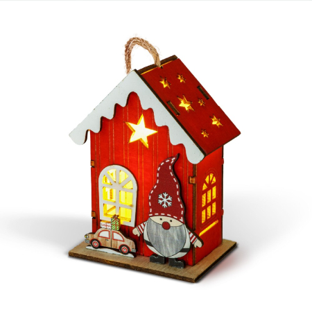 Decorațiune de Crăciun cu LED – căsuță cu spiriduș – lumină alb cald – roșu – 7,5 x 5 x 10 cm [3]