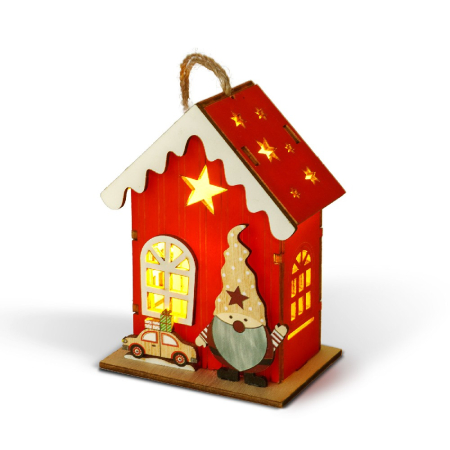 Articole pentru casă - Decorațiune de Crăciun cu LED – căsuță cu spiriduș – lumină alb cald – roșu – 7,5 x 5 x 10 cm