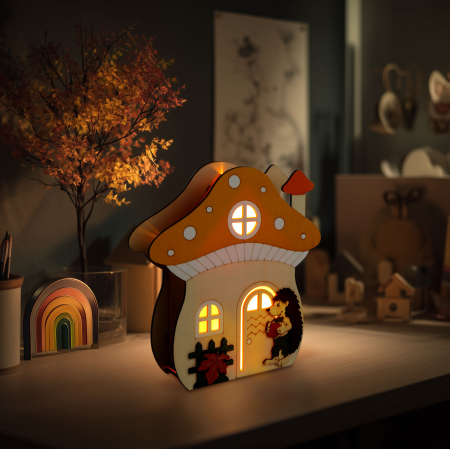Decorațiuni de toamnă - Decorațiune luminoasă de toamnă – căsuță-ciupercă cu arici – lemn – 15 x 16 x 5 cm