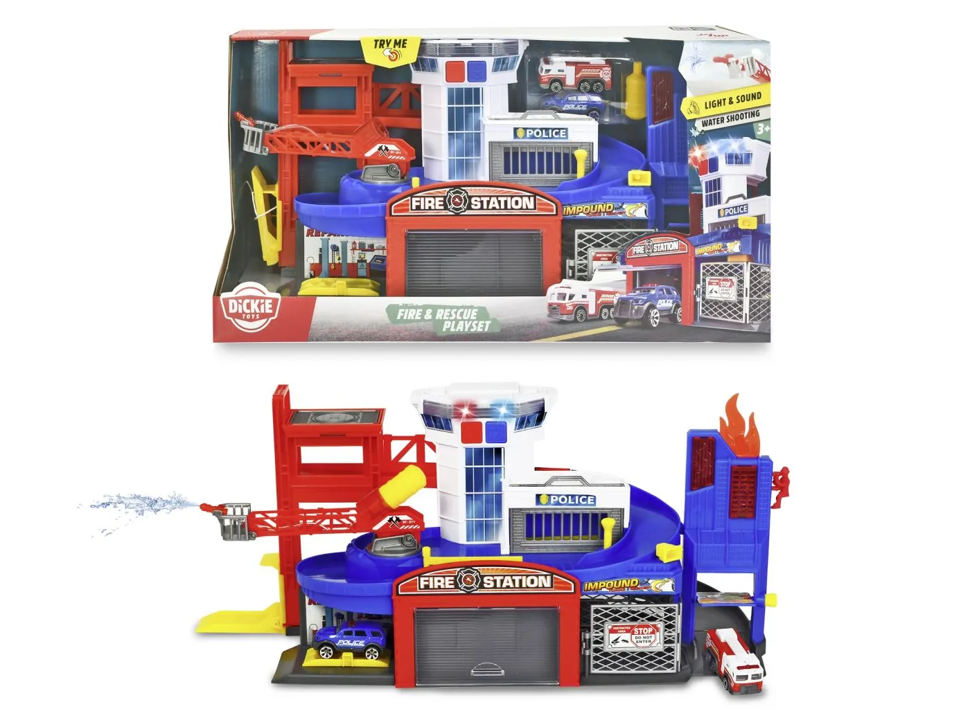 Mașinuțe, Motociclete, Elicoptere, Avioane - DICKIE SET STATIE DE POMPIERI SI SALVARE CU PULVERIZATOR DE APA SUNETE SI LUMINI