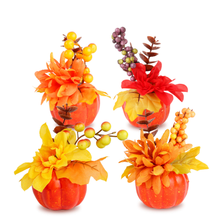 Decorațiuni de toamnă - Dovleac decorativ de toamnă cu flori și bobițe – 8 x 10 cm – 4 modele