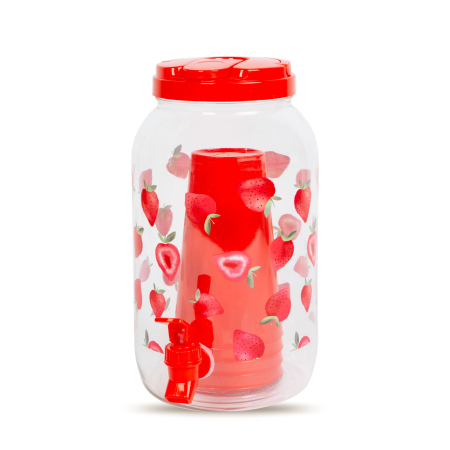 Dozator de băuturi cu robinet, set pahare plastic - 3,8 l - căpșuni [2]