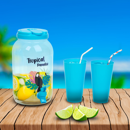 Accesorii de bucătărie - Dozator de băuturi cu robinet, set pahare plastic - 3,8 l - tropical