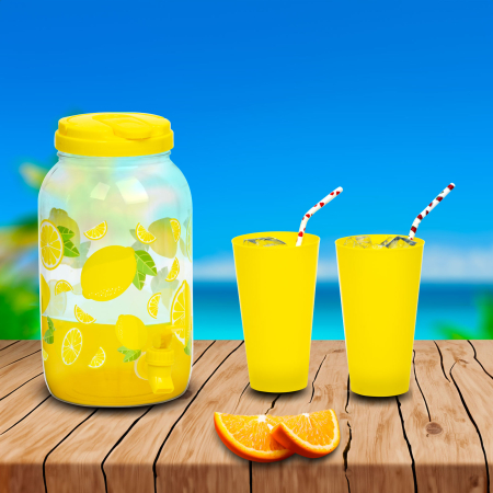 Accesorii de bucătărie - Dozator de băuturi cu robinet și set pahare plastic - 3,8 l - lămâie