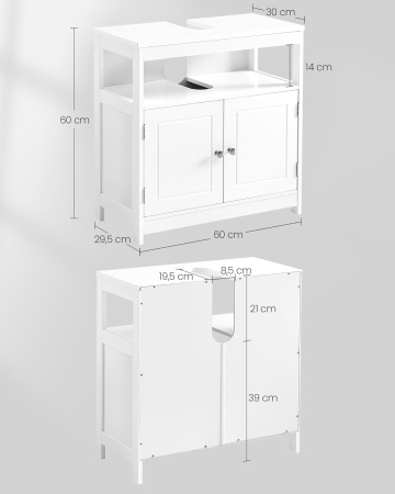 Dulap baie 60x30x60 cm, 2 usi, compartiment deschis, stil scandinav, alb mat [6]