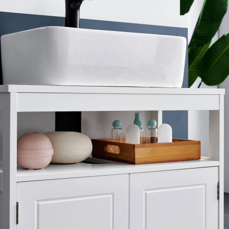 Dulap baie 60x30x60 cm, 2 usi, compartiment deschis, stil scandinav, alb mat [5]