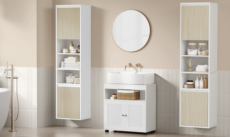 Mobilier baie - Dulap baie cu montare pe podea sau perete, 7 compartimente, 30x40x160 cm, alb bej