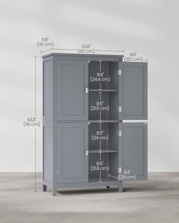 Dulap de baie, din MDF, cu 2 compartimente si 4 usi, rafturi reglabile, 30x60x110cm, gri [1]