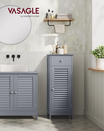 Mobilier baie - Dulap de depozitare de podea pentru baie, din lemn cu sertar, usa cu lamele, 32x30x87cm, gri