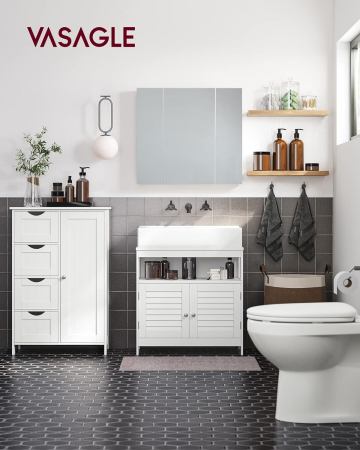 Mobilier baie - Dulap de depozitare pe podea pentru baie, din lemn, cu 4 sertare, 1 usa, rafturi reglabile, 30x55x82cm, alb