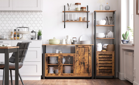 Comode - Dulap de depozitare tip bufet, cu 3 usi, stil industrial, 110x33x75cm, maro rustic si negru