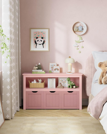 Comode - Dulap depozitare jucarii, din MDF, cu 3 compartimente detasabile pe roti,  30x102x60 cm, roz