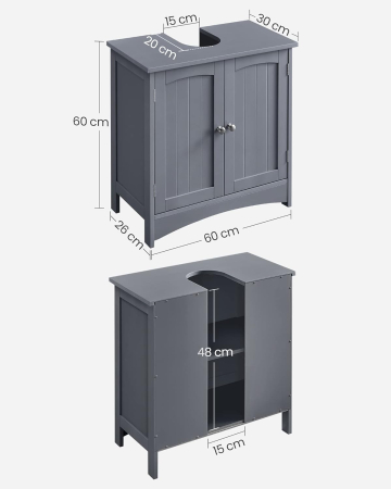 Mobilier baie - Dulap lavoar baie, cu spatiu de depozitare cu 2 usi si rafturi reglabile, 60x30x60cm, gri