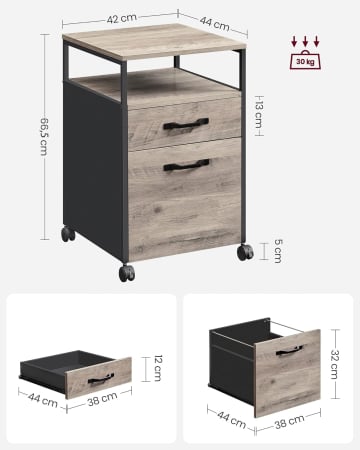 Dulap mobil 42x44x69 cm, cu 2 sertare si roti cu frana, compartiment deschis si suport dosare, PAL si otel, gri si negru [6]