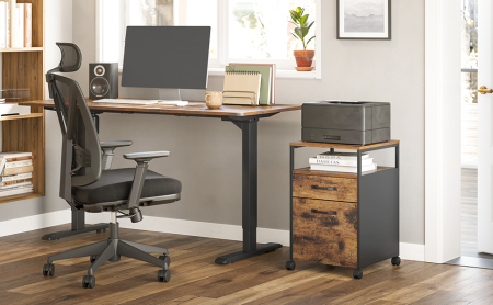Birouri - Dulap mobil tip rollbox pentru birouri, cu 2 sertare, stil industrial, 44x42x67cm, maro rustic