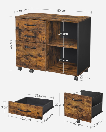 Dulap mobil tip rollbox pentru birouri, sertar cu sina suport dosare, stil industrial, 40x80x66 cm, maro rustic [2]