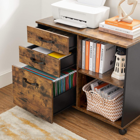 Dulap mobil tip rollbox pentru birouri, sertar cu sina suport dosare, stil industrial, 40x80x66 cm, maro rustic [10]