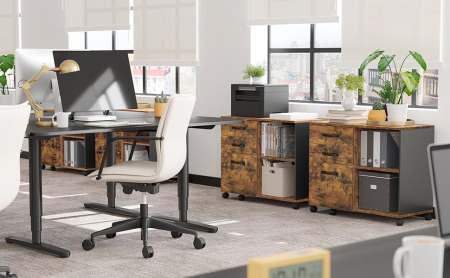 Dulap mobil tip rollbox pentru birouri, sertar cu sina suport dosare, stil industrial, 40x80x66 cm, maro rustic [14]
