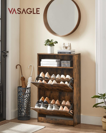 Pantofare - Dulap pantofi cu 2 usi flip, separator reglabil si detasabil, pentru 8-12 perechi, 24x60x102cm, maro rustic