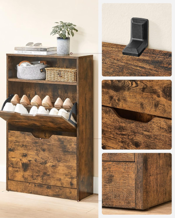 Dulap pantofi cu 2 usi flip, separator reglabil si detasabil, pentru 8-12 perechi, 24x60x102cm, maro rustic [6]