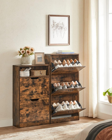 Dulap pantofi cu 2 usi flip, separator reglabil si detasabil, pentru 8-12 perechi, 24x60x102cm, maro rustic [1]