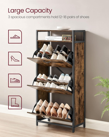 Dulap pentru pantofi cu 3 usi rabatabile, despartitoare interioare, pentru 15-18 perechi, 60x30x130cm, maro rusic si negru [3]