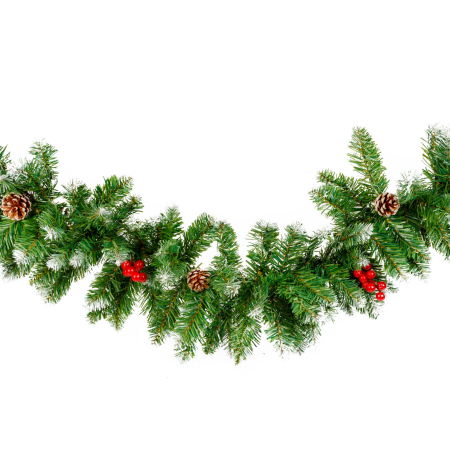 Ghirlandă de brad artificial – verde, cu efect de zăpadă, cu conuri și bobițe roșii – 200 cm – PVC [1]