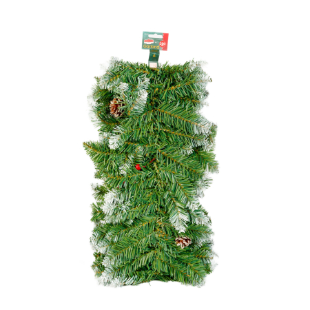 Ghirlandă de brad artificial – verde, cu efect de zăpadă, cu conuri și bobițe roșii – 200 cm – PVC [2]