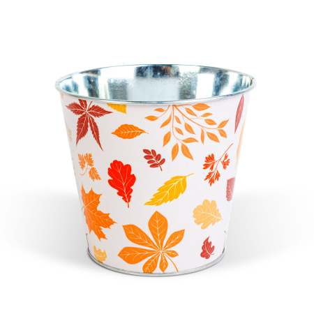 Decorațiuni de toamnă - Ghiveci decorativ metalic cu model frunze – 15 x 13,7 cm – decorațiune de toamnă