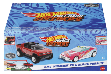 Universul Copiilor - HOT WHEELS SET 2 MASINUTE METALICE PULL BACK GMC HUMMER EV SI ALPHA PURSUIT 1:43