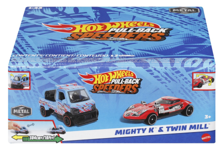 Universul Copiilor - HOT WHEELS SET 2 MASINUTE METALICE PULL BACK MIGHTY K SI TWIN MILL 1:43