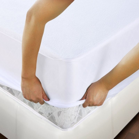 Huse de pat - Husa protectie pat din frotir bumbac 100% impermeabila pentru saltea de 90x200 cm sau 100x200 cm alb