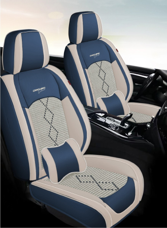Huse auto premium 5 locuri Carguard Deluxe piele ecologică perforată și textil - albastru - alb [2]