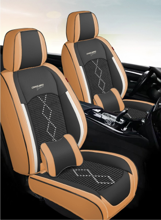 Huse auto premium 5 locuri Carguard Deluxe piele ecologică perforată și textil - maro caramel [2]