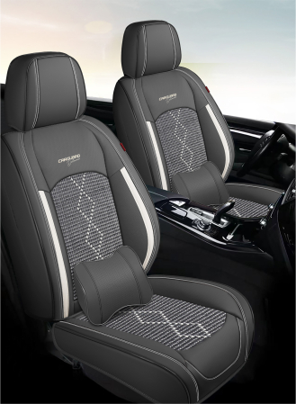 Huse auto premium 5 locuri Carguard Deluxe piele ecologică perforată și textil - negru - alb [1]