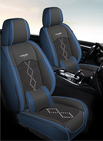 Huse auto premium 5 locuri Carguard Deluxe piele ecologică perforată și textil - negru - albastru închis [1]