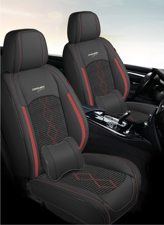 Huse auto premium 5 locuri Carguard Deluxe piele ecologică perforată și textil - negru - rosu închis [1]