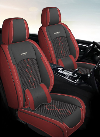 Huse auto premium 5 locuri Carguard Deluxe piele ecologică perforată și textil - roșu închis - negru [1]