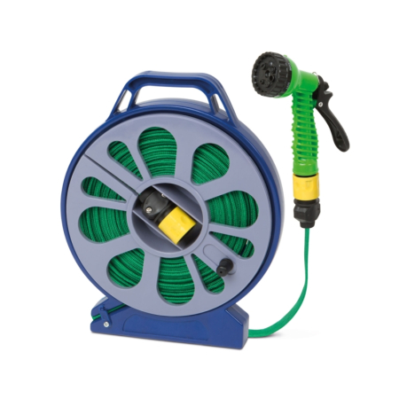 Accesorii pentru irigații - Kit de irigare - 15m flexibil, furtun din material cu tambur, duză 7 în 1, conectori